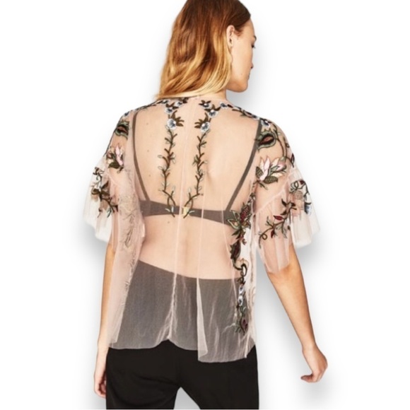 Zara Woman Embroidered Tulle Sheer Top Blouse, Blush Pink, Size XS - Picture 3 of 12